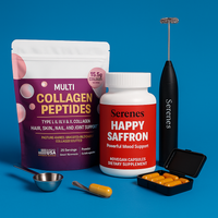 Multi Collagen Peptides, Happy Saffron+, Metal Scope, Pill Organizer, Fronther