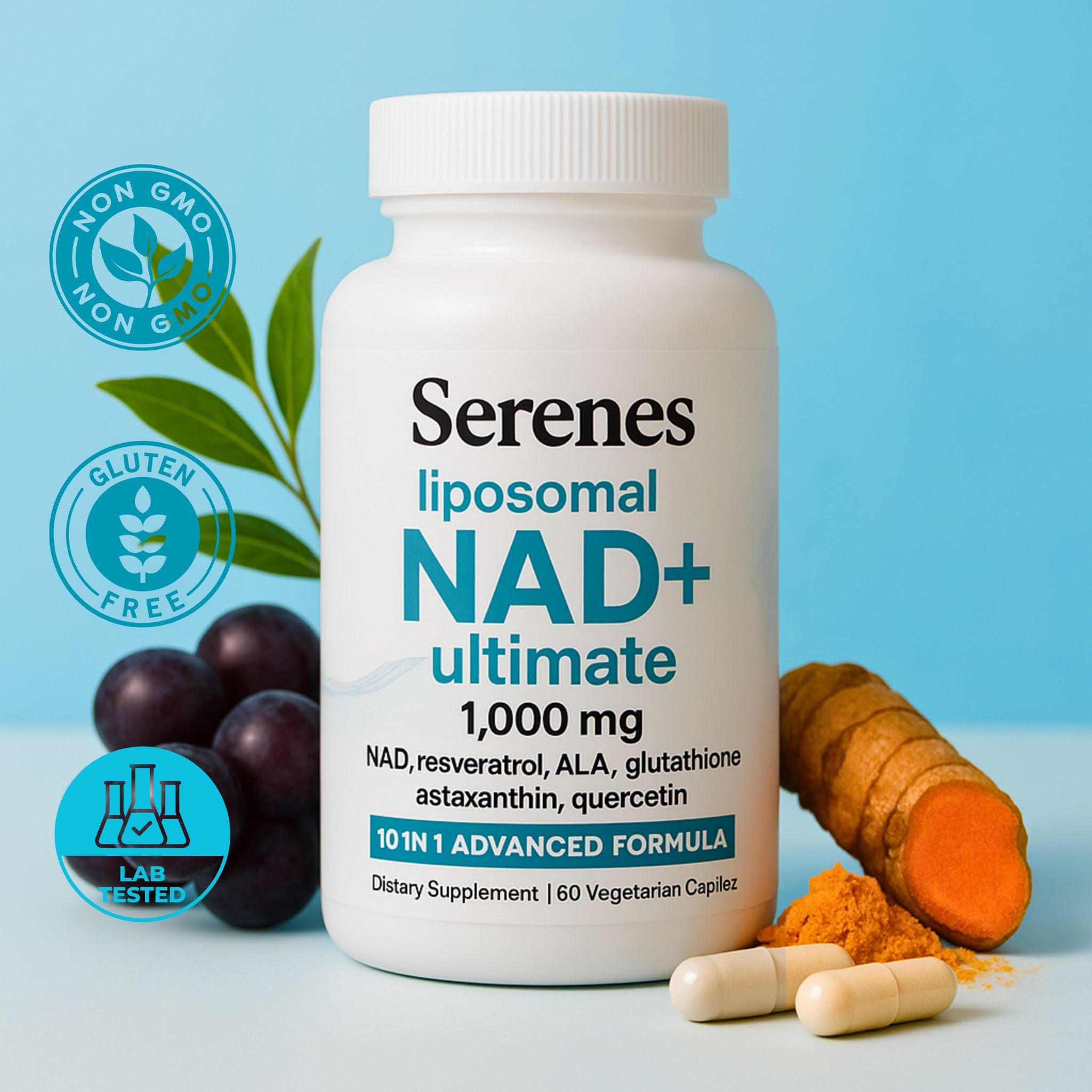 Serenes liposomal NAD+ ultimate supplement bottle with ingredients on a light blue background